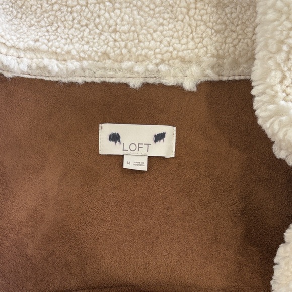 LOFT Ivory Cream Sherpa & Brown Faux Suede Moto Zip Jacket Coat Size Medium - Picture 15 of 15